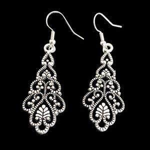 Silver Filigree Chandelier Scroll Earrings -  2” Long Drop in Silver Tone